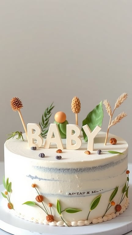 29+ Homegrown Baby Shower Theme Ideas with 15 Must-Have Items 15 A nature-inspired baby shower cake with wooden letters spelling 'BABY' and decorated with pinecones, leaves, and grasses.