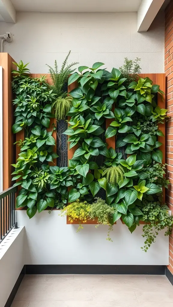 21+ Creative Balcony Privacy Ideas You’ll Love 2 A vertical garden panel filled with various green plants on a balcony.