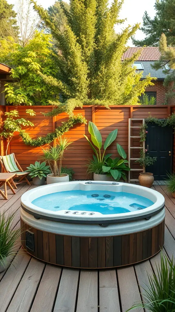 23+ Stunning Hot Tub Deck Designs to Elevate Your Outdoor Oasis 15 A serene hot tub deck surrounded by lush greenery and wooden elements.