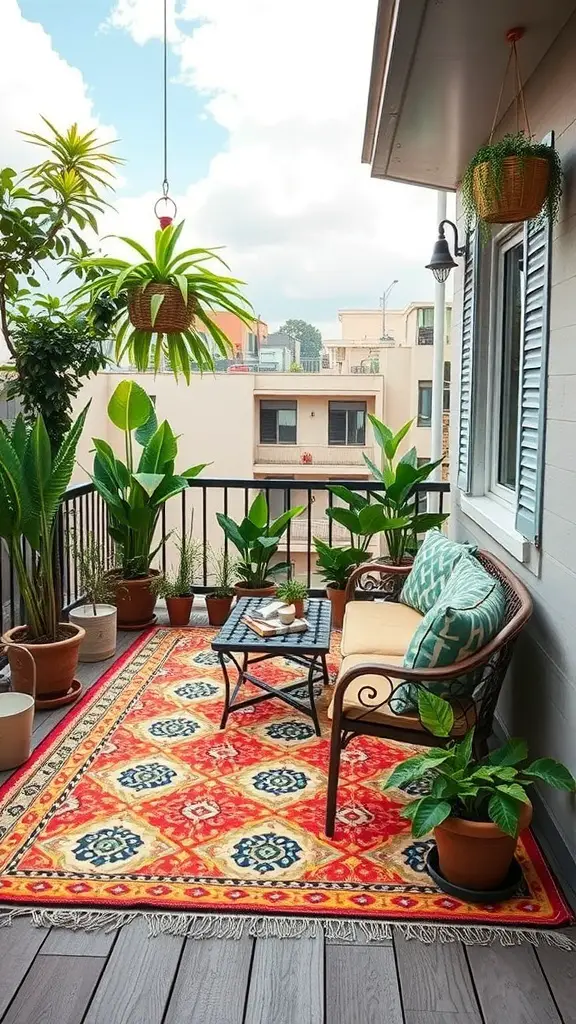 23+ Stylish Apartment Balcony Ideas for Your Outdoor Oasis 7 A colorful outdoor rug on a balcony with plants and seating