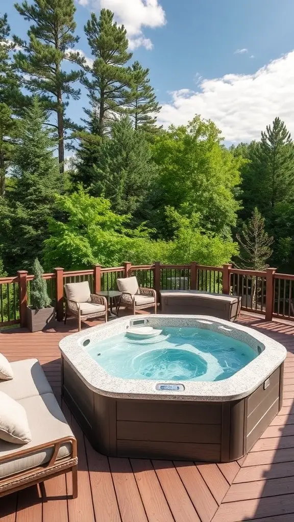 23+ Stunning Hot Tub Deck Designs to Elevate Your Outdoor Oasis 17 A hot tub on a wooden deck surrounded by comfortable seating and lush greenery.
