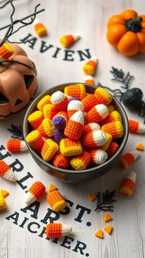 23+ Spooktacular Halloween Crochet Ideas You Need to Try 5 A bowl of colorful crochet candy corn surrounded by a pumpkin and Halloween decorations.