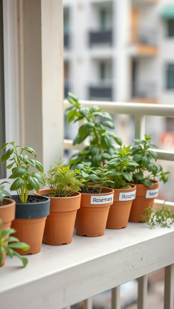 Miniature herb garden in terracotta pots on a balcony