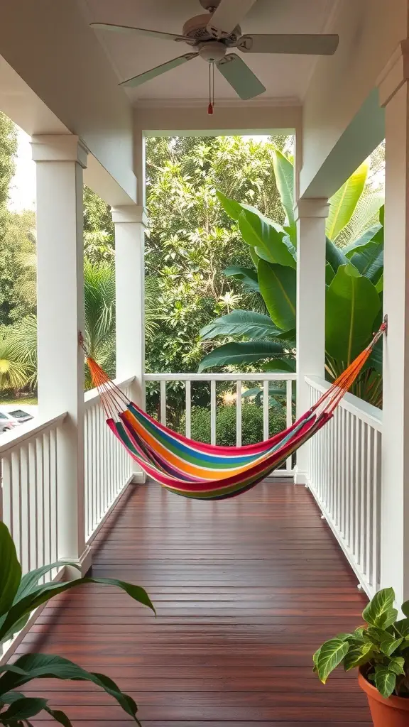 23+ Inspiring Outdoor Balcony Ideas to Elevate Your Space 2 A colorful hammock hanging on a balcony surrounded by greenery.