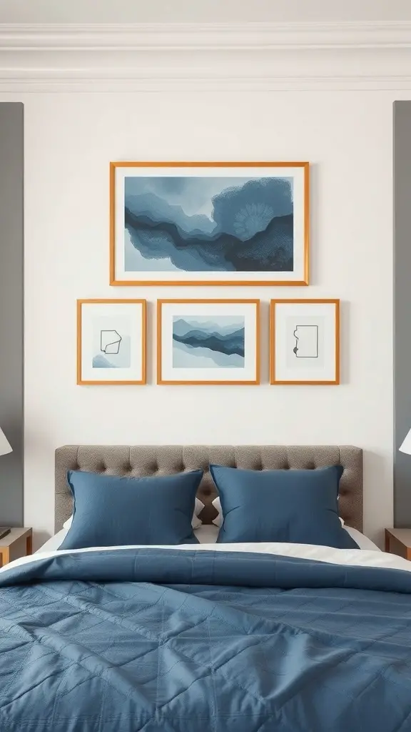 23+ Stunning Blue and Grey Bedroom Ideas You'll Love 4 Artwork display in a blue and grey bedroom featuring a large blue abstract piece and smaller framed outlines.