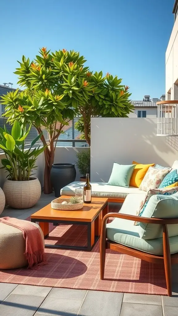 A cozy balcony with a durable outdoor sofa, colorful cushions, a wooden coffee table, and lush greenery.