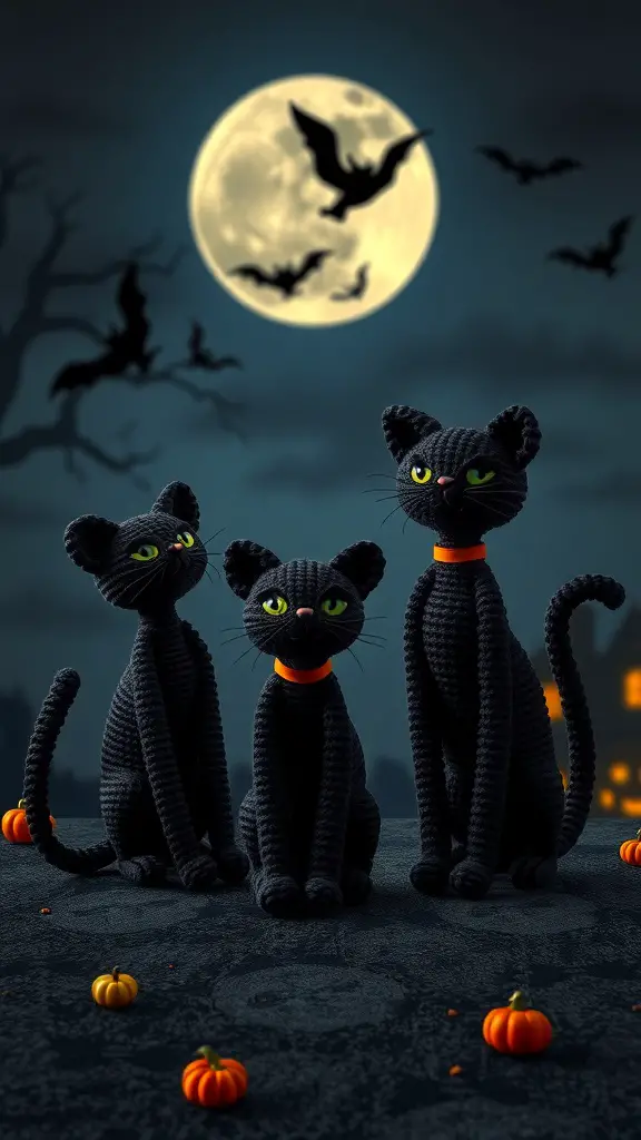 23+ Spooktacular Halloween Crochet Ideas You Need to Try 10 Three whimsical crochet black cats with green eyes and orange collars, sitting with pumpkins against a spooky night backdrop.