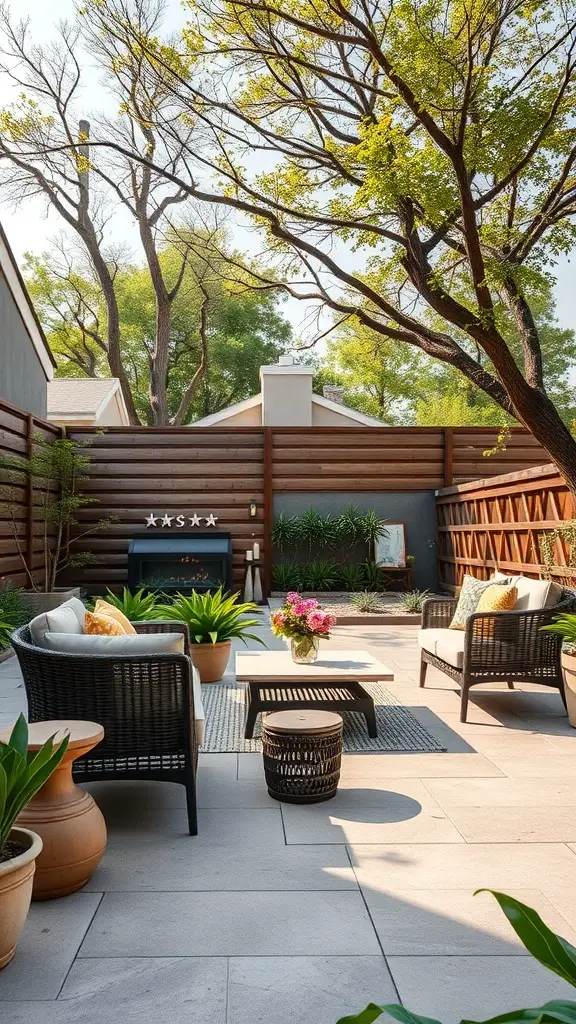 25+ Inspiring Hardscape Backyard Ideas for Your Outdoor Oasis 2 Stylish outdoor patio with comfortable seating, plants, and a fireplace.