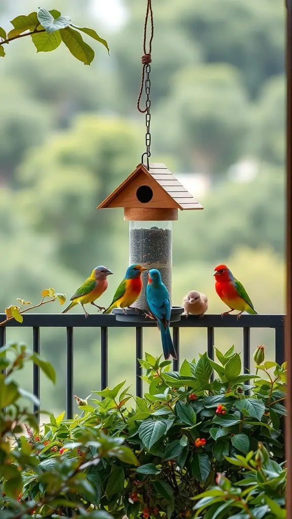 23+ Stylish Apartment Balcony Ideas for Your Outdoor Oasis 17 Colorful birds gathered around a bird feeder on a balcony