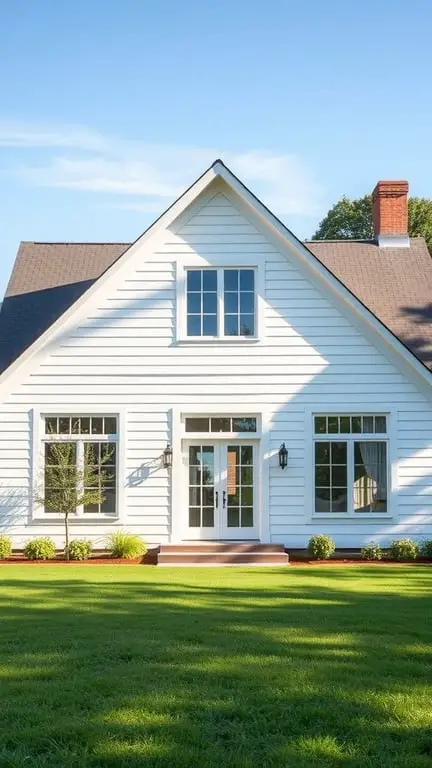 29+ Inspiring Modern Farmhouse Exterior Ideas 9 A modern farmhouse with large windows, white siding, and a well-maintained lawn.