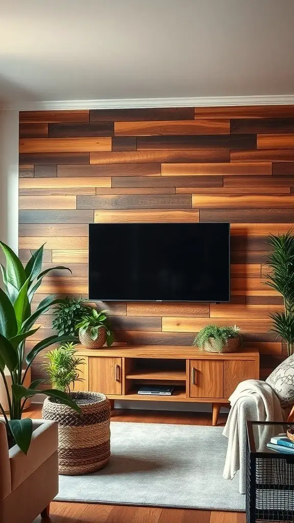 25+ Stunning TV Wall Ideas for Your Living Room 9 A living room with a rustic wood accent wall, featuring a mounted TV, plants, and wooden furniture.