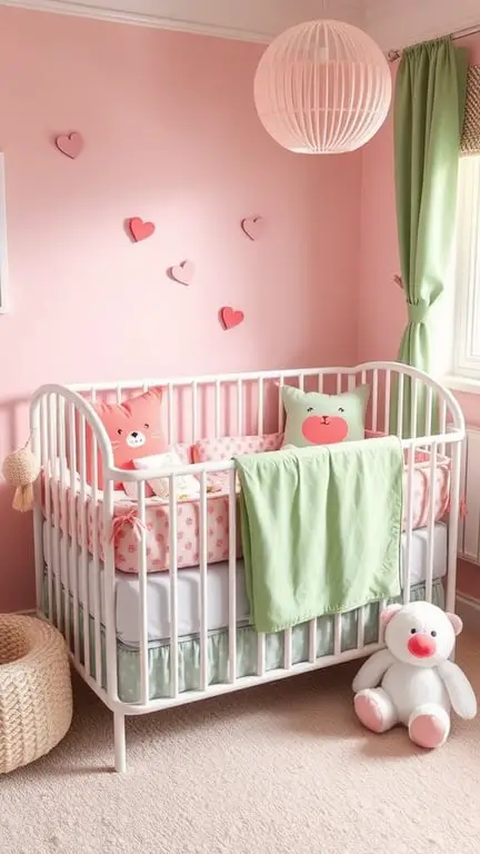 31+ Gorgeous Pink and Green Nursery Ideas for a Dreamy Space 7 A cozy nursery with a pink and green theme featuring a crib, playful pillows, and heart-shaped wall decor.