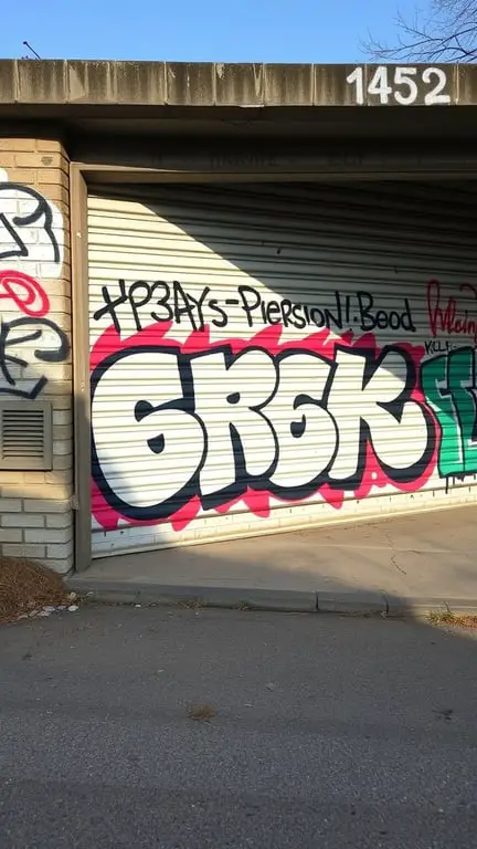 25+ Creative Garage Art Ideas to Transform Your Space 2 Colorful graffiti art on a garage door with bold letters and vibrant colors.