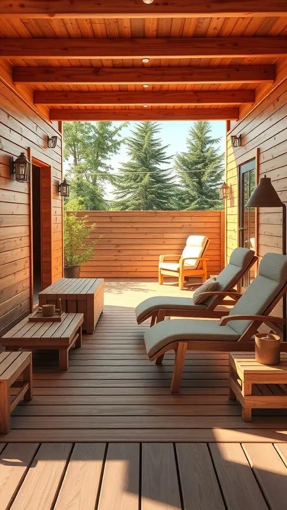 27+ Inspiring Outdoor Sauna Ideas for Your Backyard Retreat 2 A wooden sauna with a deck featuring lounge chairs and natural surroundings.