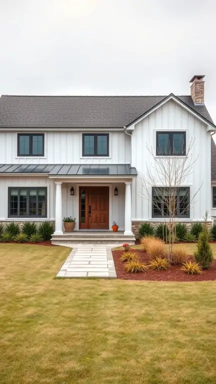 29+ Inspiring Modern Farmhouse Exterior Ideas 17 A modern farmhouse with minimalist landscaping, featuring a clean pathway and simple plant arrangements.