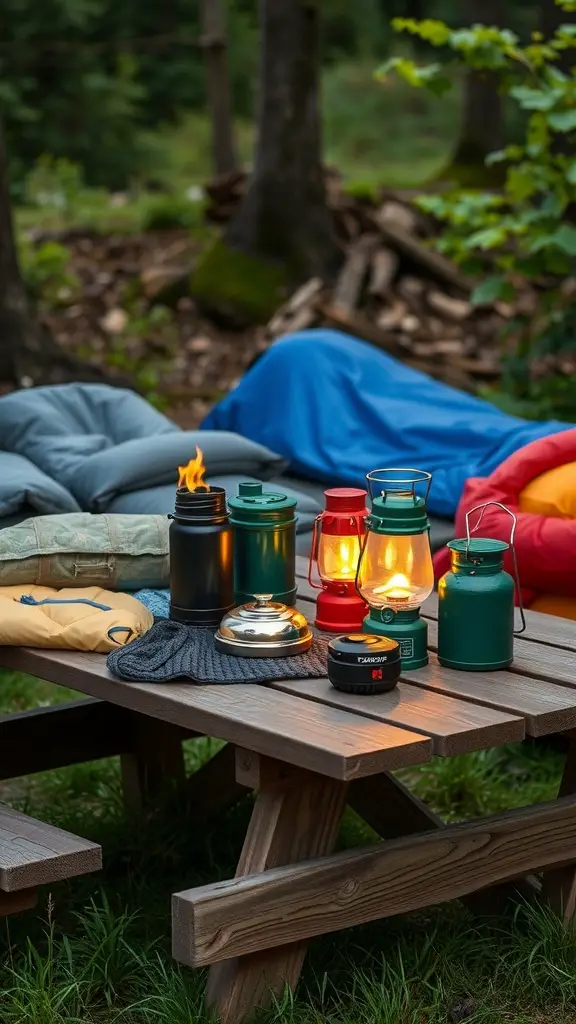 A cozy backyard camping setup with sleeping bags, lanterns, and cooking gear on a picnic table.