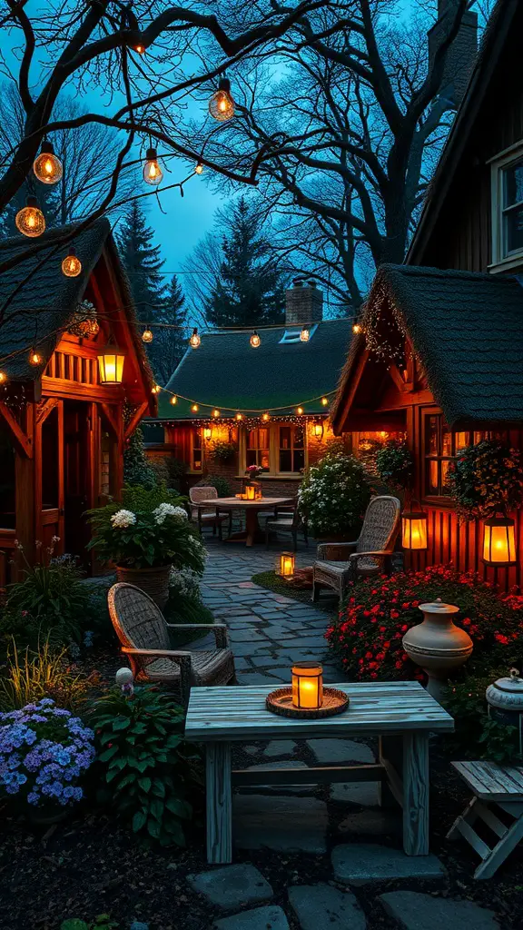 21+ Cottagecore Garden Essentials for a Whimsical Outdoor Retreat 12 A cozy evening garden with lanterns and string lights illuminating the path and seating areas.