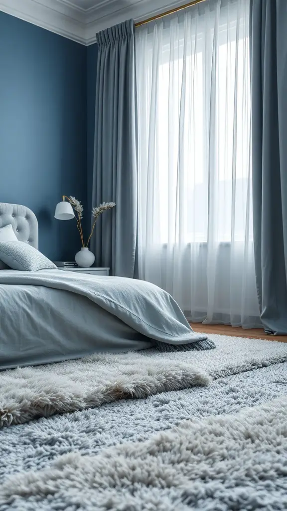 23+ Stunning Blue and Grey Bedroom Ideas You'll Love 6 A serene blue and grey bedroom featuring soft bedding, fluffy rugs, and sheer curtains.