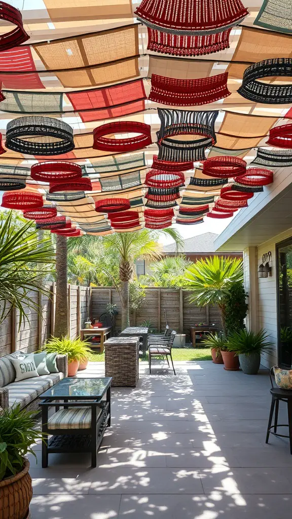 A colorful patio shade structure made from recycled materials, providing a unique and creative outdoor space.