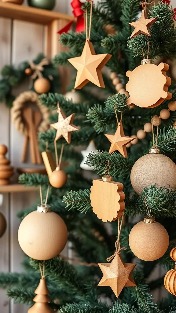 27+ Rustic Farmhouse Christmas Decor Ideas You’ll Love 8 A close-up of a rustic farmhouse Christmas tree decorated with handmade wooden ornaments.