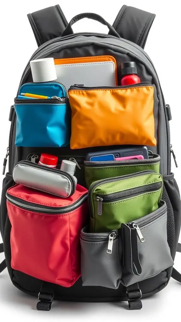 A backpack with various colored pouches organized for easy identification.