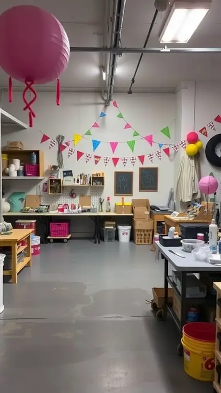 21+ Innovative Garage Layout Ideas You'll Love 8 A colorful crafting area in a garage with pink lanterns, bunting, and organized supplies.