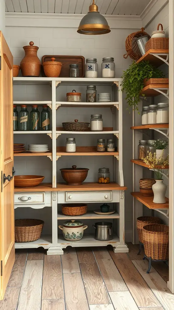 19+ Creative Small Corner Pantry Ideas to Maximize Your Space 14 A small corner pantry with wooden shelves, jars, and baskets, showcasing a cozy and rustic decor theme.