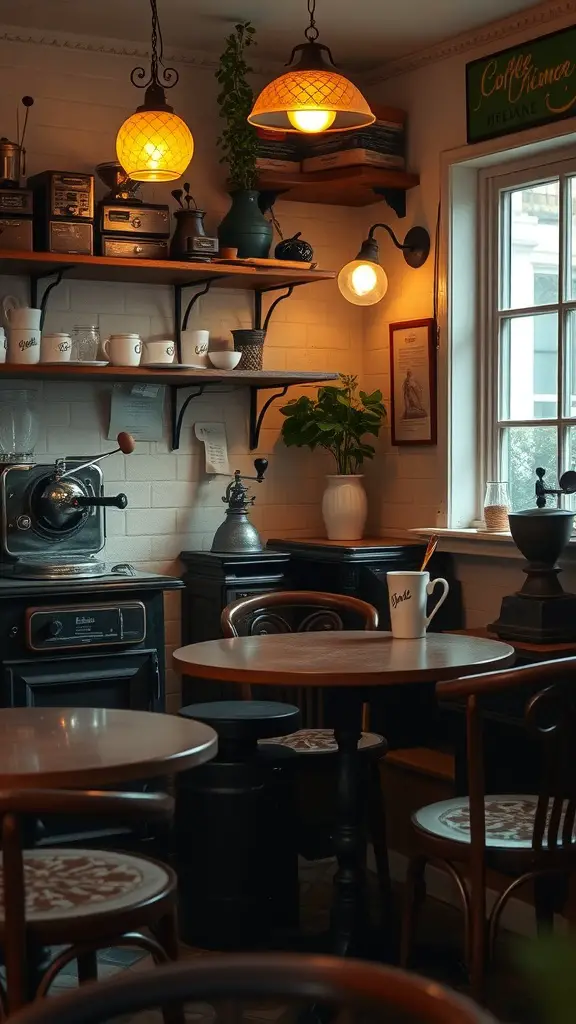 21 Unique Coffee Corner Ideas to Enhance Your Home Decor 7 A cozy coffee corner with vintage decor, featuring warm lighting, wooden furniture, and charming coffee accessories.
