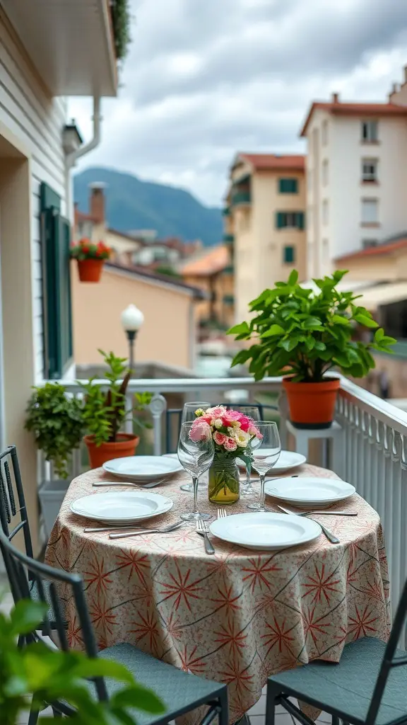 A cozy balcony dining setup with a round table, chairs, and potted plants.