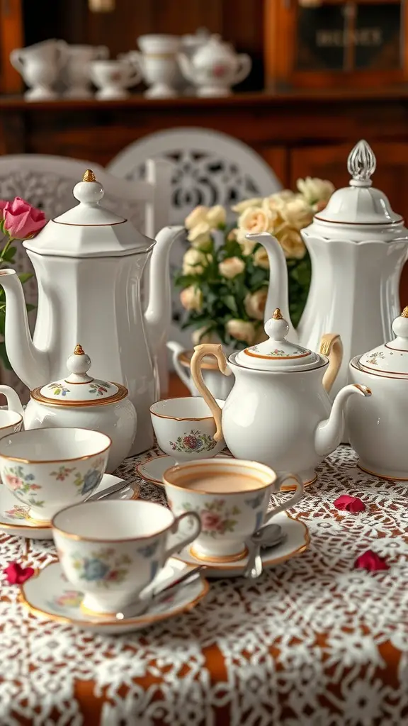 27 Creative Coffee Station Ideas You’ll Love 5 A vintage tea and coffee station featuring porcelain teapots and cups on a lace tablecloth.