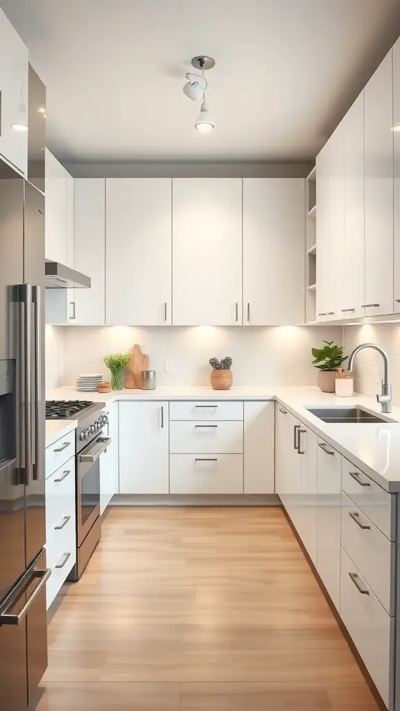 23+ Creative Bloxburg Kitchen Ideas to Transform Your Space 4 A modern minimalist kitchen featuring white cabinets, stainless steel appliances, and natural wood accents.