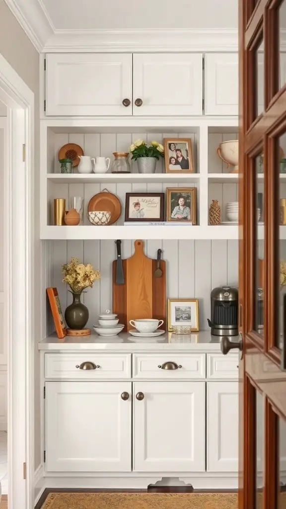 A well-decorated butler's pantry with shelves displaying photos, dishware, and decorative items.