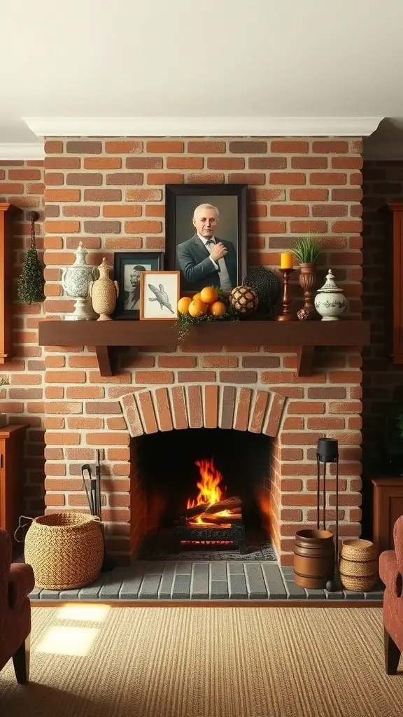 25+ Cozy Living Room Fireplace Ideas for a Warm Atmosphere 8 A traditional brick fireplace with a wooden mantel, decorated with photos and ornaments, and a warm fire burning inside.