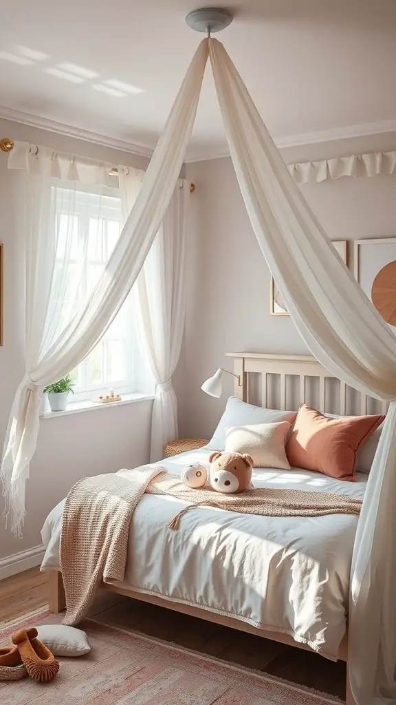 25+ Creative Bloxburg Teen Room Ideas You’ll Love 17 A cozy teen room featuring a canopy bed with soft drapes, warm-toned pillows, and natural light streaming through the window.