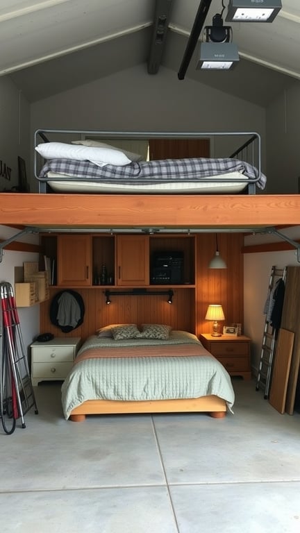 19+ Creative Garage Loft Storage Ideas You Need to Try 2 A garage loft with an elevated bed and a cozy living area below.