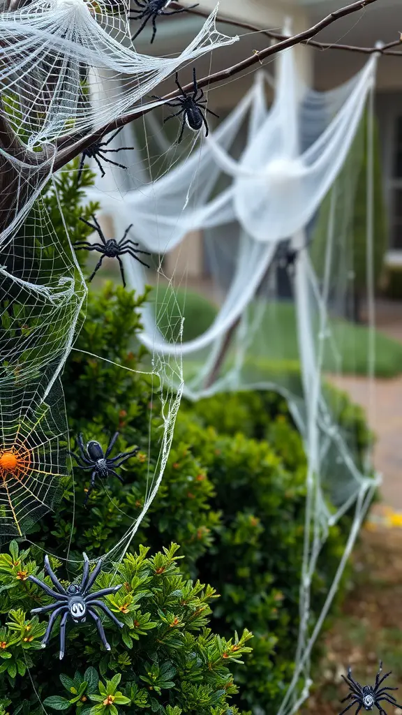 23+ Spooky DIY Outdoor Halloween Decorations to Enchant Your Yard 5 Artificial spider webs with black plastic spiders on bushes and branches