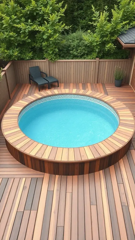 17+Creative Sunken Above Ground Pool Ideas for Your Backyard 9 A sunken above-ground pool surrounded by wooden decking and a chair, set in a lush green environment.
