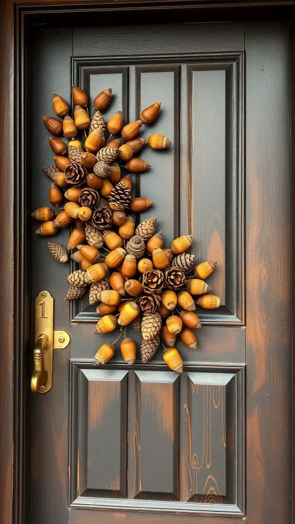 23+ Charming Fall Door Decorations to Welcome the Season 15 A decorative wreath made of acorns and pinecones on a dark wooden door.