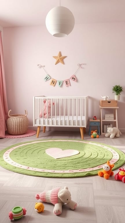31+ Gorgeous Pink and Green Nursery Ideas for a Dreamy Space 4 A pink and green nursery featuring a round green rug with a heart design, a white crib, and playful toys scattered around.