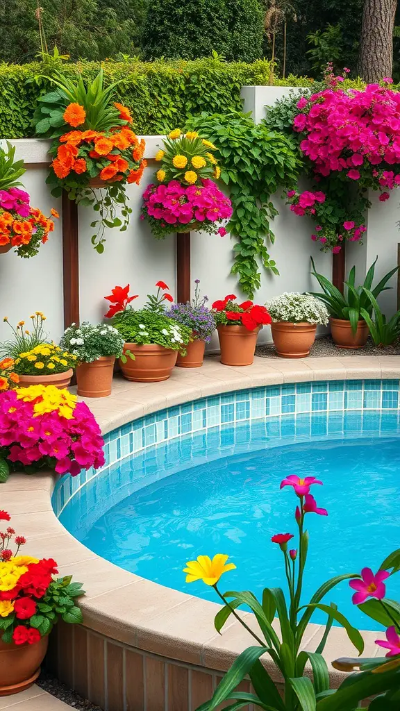 17+Creative Sunken Above Ground Pool Ideas for Your Backyard 17 Colorful cascading planters surrounding a sunken above ground pool