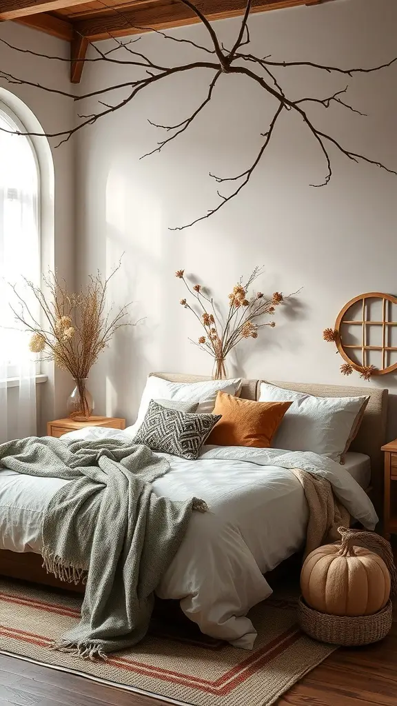 33+ Cozy Fall Bedroom Decor Ideas to Transform Your Space 16 A cozy fall bedroom with natural elements like a hanging branch, dried flowers, and a pumpkin.