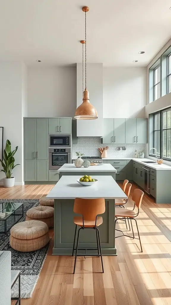 29+ Stunning Sage Green Kitchen Ideas to Transform Your Space 15 A modern open concept kitchen featuring sage green cabinets, light wood flooring, and a large island.