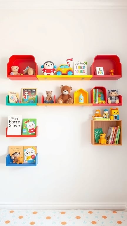 23+ Creative Toy Storage Ideas for a Clutter-Free Home 2 Colorful wall-mounted shelves displaying toys and books