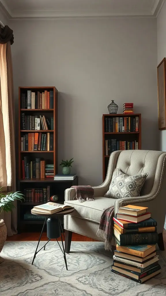 31+ Magical Decor Ideas for a Witchy Living Room 10 A cozy reading nook with a plush armchair, bookshelves filled with books, and a small side table.