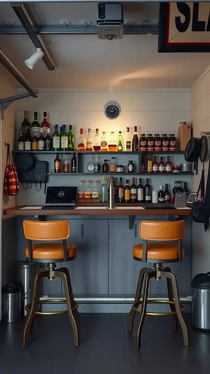 19+ Ultimate Garage Man Cave Ideas You Need to See 7 A stylish mini bar area in a garage man cave with shelves of various drinks and cozy bar stools.