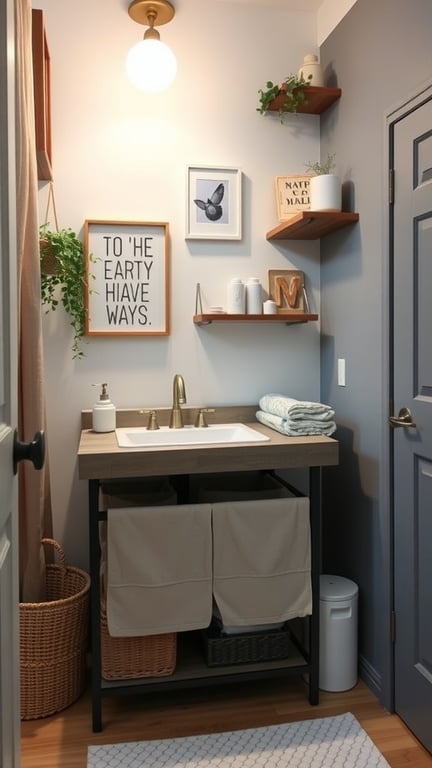 21+ Creative Baby Changing Station Ideas for Every Nursery 9 A compact baby changing station featuring a sink, wooden countertop, floating shelves with decor, and organized storage bins.