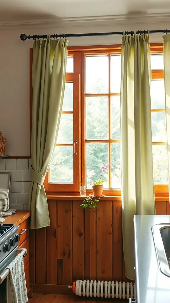 27+ Stunning Sage Green and Wood Kitchen Ideas You’ll Love 14 A kitchen with sage green curtains and wooden window frames, featuring natural light and a cozy atmosphere.