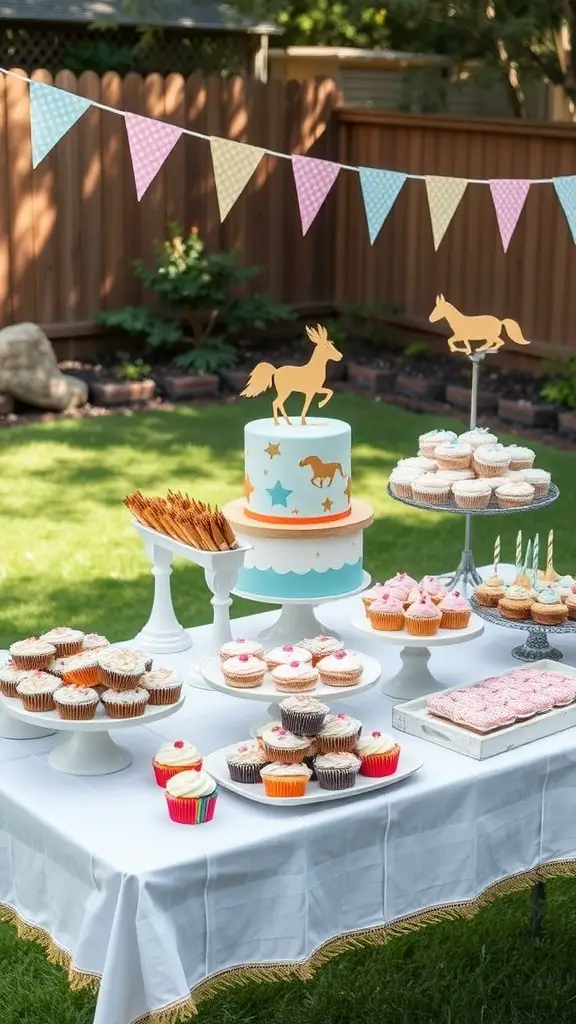 21+ Backyard Engagement Party Ideas for an Unforgettable Celebration 6 A beautifully arranged dessert table featuring a pink cake, cupcakes, and various sweets for an engagement party.