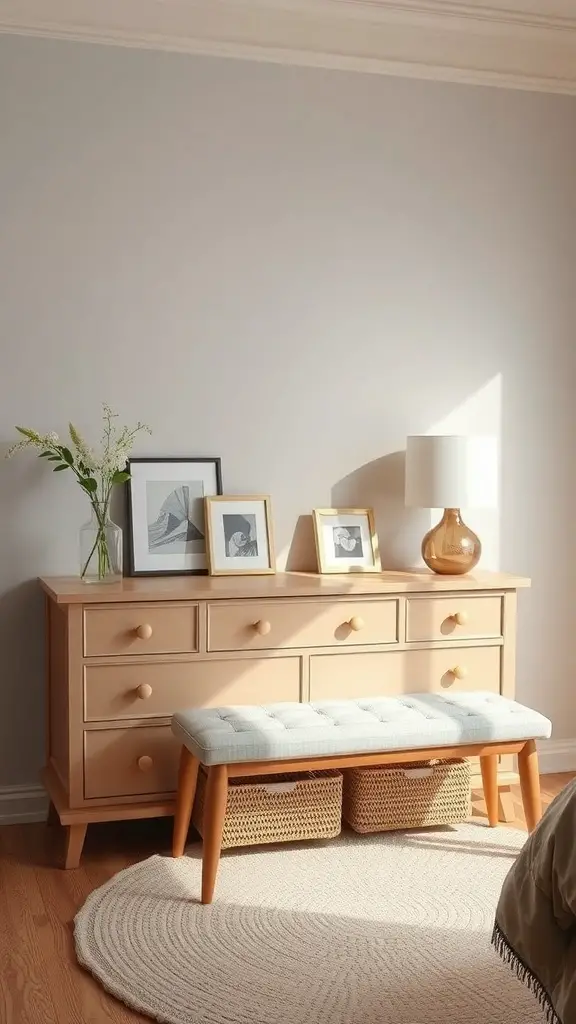 25 Creative Ideas for Dresser Organization with 15 Must-Have Items 15 A light wood dresser with drawers, a cushioned bench in front, and woven baskets underneath, creating a stylish and organized space.