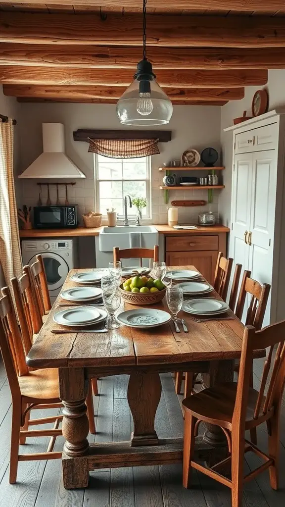 21+ Enchanting Cottagecore Kitchen Ideas to Transform Your Space 18 A cozy cottage core kitchen featuring a natural wood dining table set for a meal.